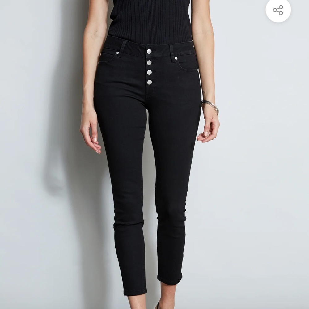 Tahari Emily Mid-Rise Button Fly Capri Black Straight Leg Denim Designer Jeans‎